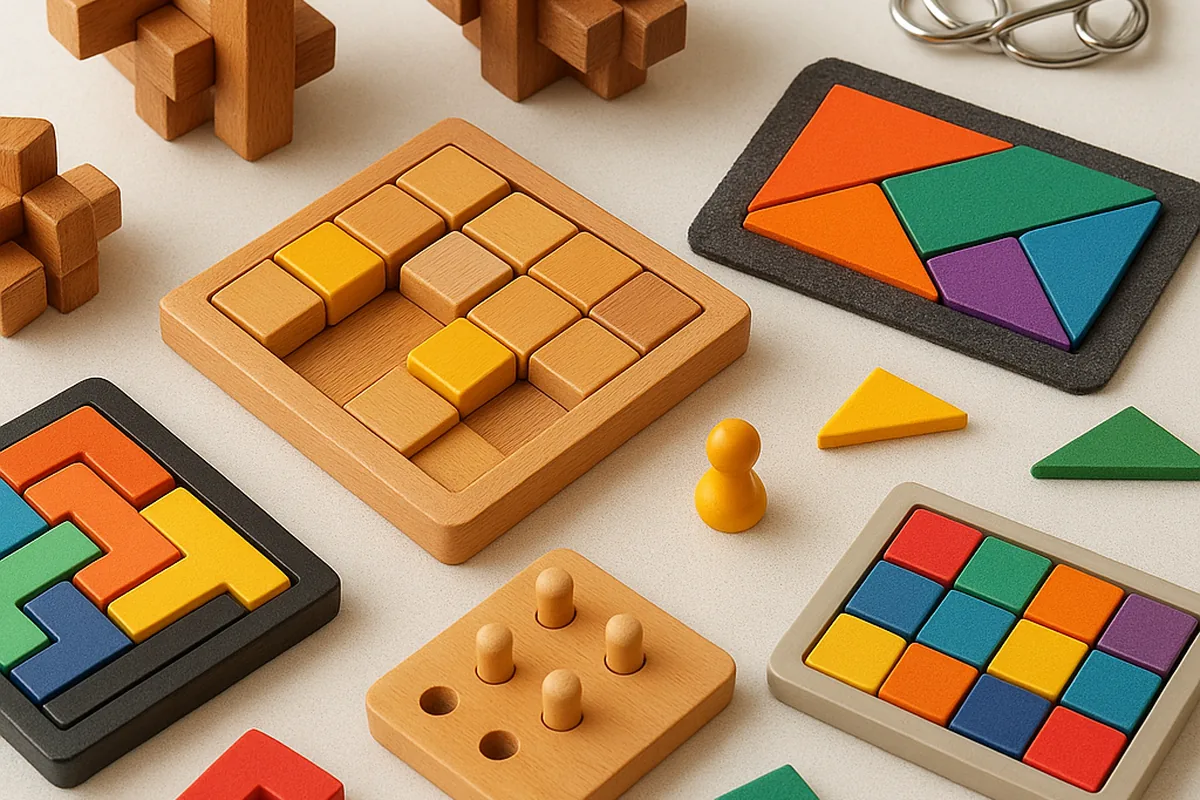 Logikspiele und Knobelspiele mit bunten Teilen auf einem Tisch