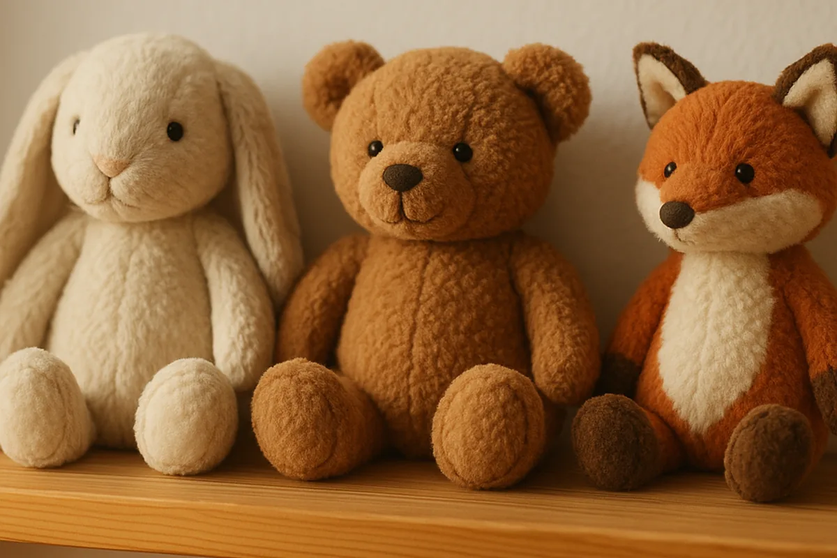 Kuscheltiere sitzen auf einem Regal im Kinderzimmer